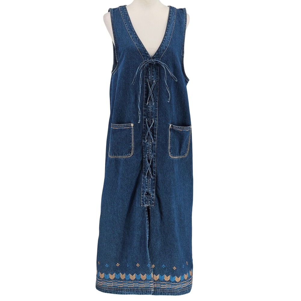 90s Y2K Denim Jumper Maxi Dress L Blue Lace Up Embroidered Cottagecore Modest
